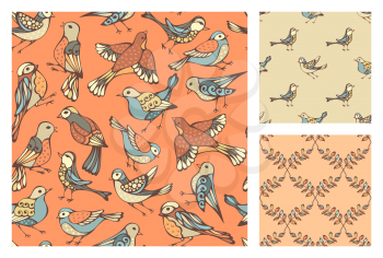 Hand-drawn pastel birds and leaves on coloured backgrounds. Pastel boundless backgrounds.