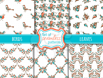 Hand-drawn bright birds and leaves on white background. Maple, rowan, chestnut leaves. Red, blue and white boundless backgrounds.