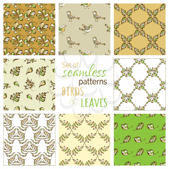 Hand-drawn bright birds and leaves. Maple, oak, rowan, chestnut, birch leaves. Gold, green and white autumn boundless backgrounds.
