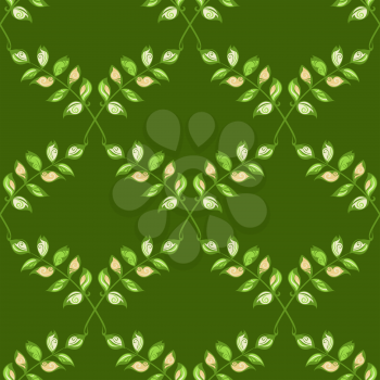 Bright crossed leaves on green background. Summer boundless background.