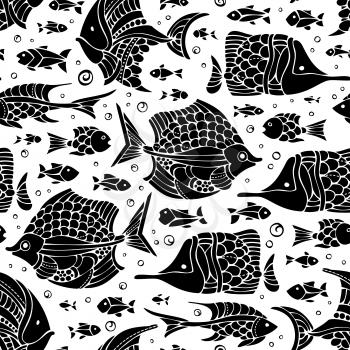 Various black fish silhouettes on white background. Vector boundless background.