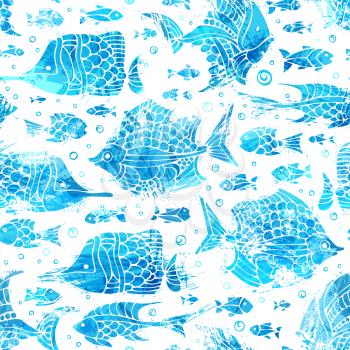 Bright watercolour sea fishes on white background. Boundless background of underwater ocean life.
