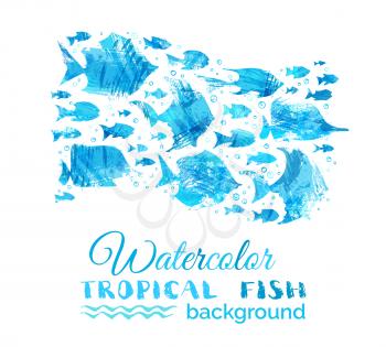 Bright watercolor fish silhouettes on white background. Underwater blue ocean life.