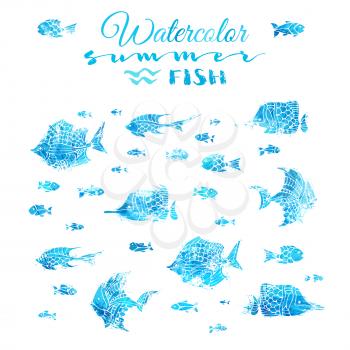 Bright watercolor fish silhouettes with white contours isolated on white background. Underwater blue sea life.