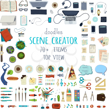 Hand-drawn gadgets and office supplies isolated on white background. 70+ items. Top view. Design elements for work and education. Stationery and gadgets, food and plants.