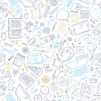 Hand-drawn outlined gadgets and office supplies on white background. 70+ items. Top view. Work and education. Stationery, food and drinks, laptop, mobile, pizza.
