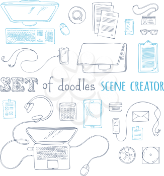 Hand-drawn doodles gadgets and office supplies. 20+ items. Top view. Design elements for work and education. Laptop, computer, documents, mobile, notes.