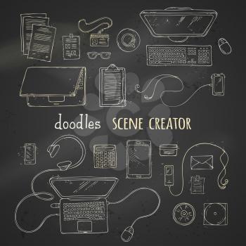 Hand-drawn doodles gadgets and office supplies. 20+ items. Top view. Design elements for work and education. Laptop, computer, documents.