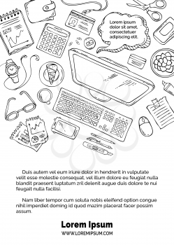 Hand-drawn contours of gadgets and office supplies on white background. Top view. Doodles design elements for work and education. Stationery and gadgets, paper.