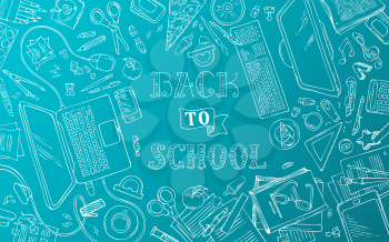 School supplies, stationery and gadgets on bright blue background. Pen and colored pencils, paint, laptop and pc. There is copyspace for your text. Vector illustration.