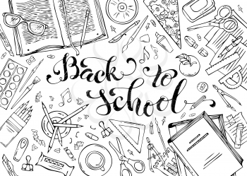 Doodle contours of stationery and school subjects on white background. Books, colored pencils, brushes, compass, clips, scissors and others. Vector illustration.