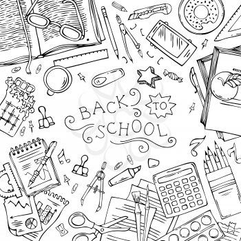 Hand-drawn linear gadgets and school stationery on white background. Top view. Doodles design elements for work and education. Copyspace for your text. Vector.