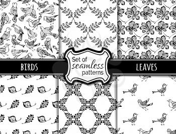 Hand-drawn black birds and leaves on white background. Maple, rowan, chestnut leaves. Duotone boundless backgrounds.