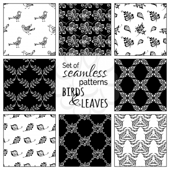 Hand-drawn birds and leaves. Oak, maple, birch, rowan, chestnut leaves. Black and white boundless backgrounds.