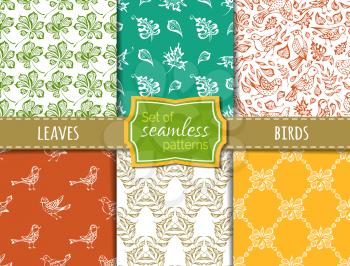 Hand-drawn birds and leaves. Maple, rowan, chestnut leaves. Boundless backgrounds.