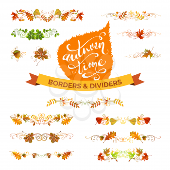 Nature borders, page decorations and dividers isolated on white background. Hand-written lettering. Oak, rowan, maple, chestnut and aspen leaves.