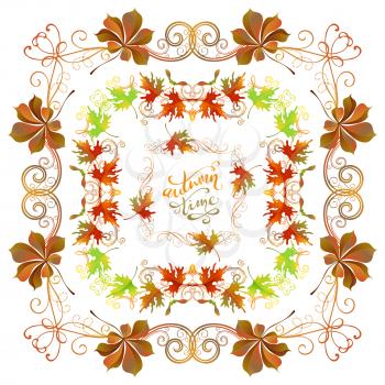Bright frames, corners, page decorations and dividers, swirls and flourishes isolated on white background. Colourful maple and chestnut leaves.