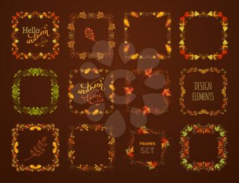 Flourishes, swirls, corners, frames, page decorations and dividers on dark brown background. Oak, rowan, maple, chestnut, elm leaves and acorn.