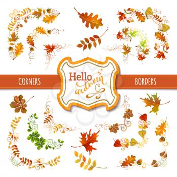 Vector corners, page decorations and dividers. Swirls and flourishes. Isolated on white background. Oak, maple, chestnut leaves and acorn. Badge and ribbon.
