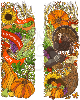 Turkey, pumpkin, corn, horn of plenty, apple, pear, hazelnut, pilgrim's hat, wheat and others. Hand-drawn design elements.