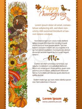 Traditional festive food and autumn symbols. Turkey, pumpkin, corn, apple, wheat and others. Hand-drawn design elements over white background. Copyspace for your text.
