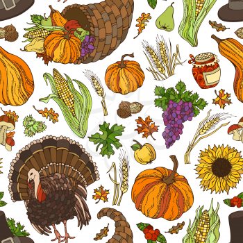 Corn, cornucopia, grape, pilgrim's hat, pumpkin, turkey, wheat, jam, cranberry, autumn leaf, nut, mushroom, sunflower, apple, pear. Boundless harvest background.