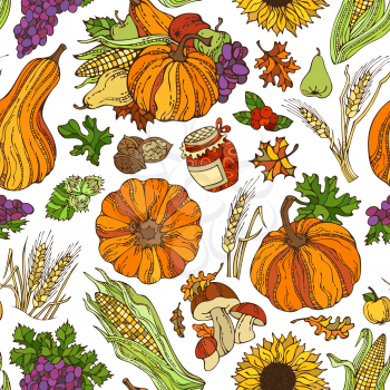 Autumn leaf, nut, berry, pumpkin, corn, wheat, mushroom, grape, jam, apple, pear on white background. Boundless pattern for your design. Harvest time. Thanksgiving day.