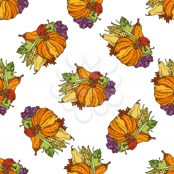 Fall time. Thanksgiving day. Corn, pumpkin, grape, autumn leaf, apple and pear. Boundless background for your design.