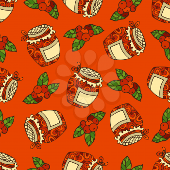 Cranberry and jam-jar. Thanksgiving day. Bright boundless background for your design. Harvest time.