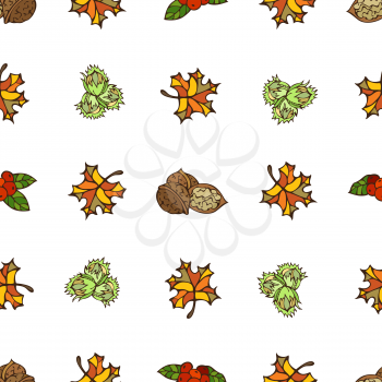 Bright autumn leaves, hazelnuts, cranberries and walnuts on white background. Boundless pattern for your design. Fall background.
