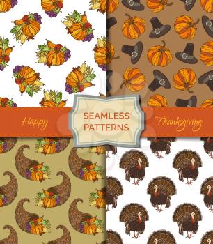 Autumn leaf, corn, cornucopia, grape, pilgrim's hat, pumpkin, turkey, apple and pear. Boundless pattern for your festive design. Harvest time templates.
