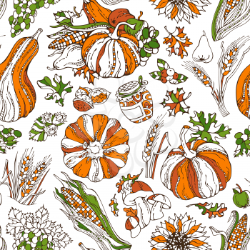 Pumpkin, wheat, corn, grape, jam, cranberry, autumn leaf, nut, mushroom, sunflower, apple, pear. Boundless harvest background. Orange, green and white.