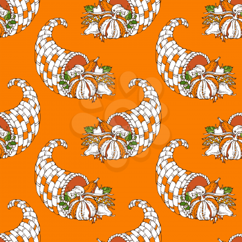 Horn of plenty, pumpkin, autumn leaf, corn, grape, apple and pear. Bright orange boundless background for your design. Harvest time.