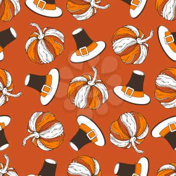 Pumpkin and pilgrim's hat on orange background. Boundless background for your festive autumn design. Harvest time.
