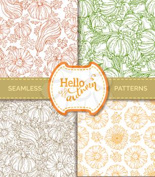 Outlined pumpkin, leaf, sunflower, apple, pear, corn and grape. Boundless hand-drawn linear harvest backgrounds. Duotone design elements.