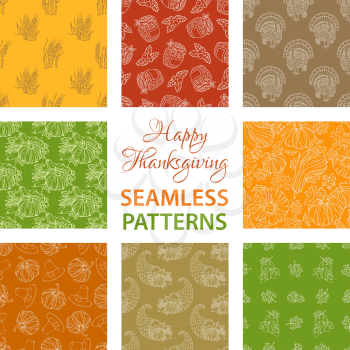 Corn, horn of plenty, grape, pilgrim hat, pumpkin, turkey, wheat, sunflower, apple Boundless hand-drawn sketch autumn harvest backgrounds