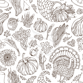 Corn, cornucopia, grape, pilgrim hat, pumpkin, turkey, wheat, jam cranberry autumn leaf nut mushroom sunflower apple Boundless sketch harvest background