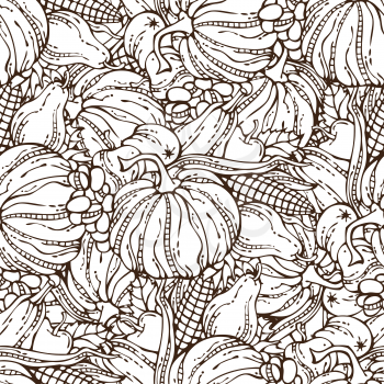 Plenty of fruits and vegetables. Corn, pumpkin, grape, autumn leaf, apple and pear. Autumn time. Hand-drawn linear boundless background. Duotone illustration.