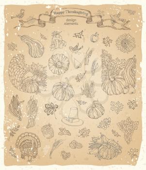Traditional harvest symbols on old paper background. Turkey, horn of plenty, pilgrim's hat, pumpkin, corn, wheat, sunflower, autumn leaves and others