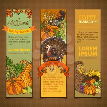 Pilgrim hat, turkey, cornucopia, pumpkin, corn, sunflower, wheat, apple pear acorn autumn leaves and others Traditional harvest autumn symbols