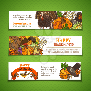Pumpkin, turkey, cornucopia, pilgrim's hat, wheat, corn, sunflower, grape, apple and pear, bird, autumn leaves. Traditional harvest autumn symbols.