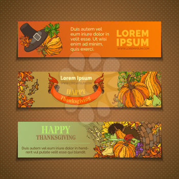 Pumpkin, turkey, horn of plenty, pilgrim's hat, wheat, corn, sunflower, grape, apple and pear, autumn leaves. Traditional harvest autumn symbols.