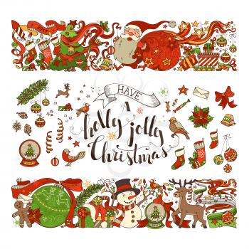 Set of two horizontal Christmas decorations. Christmas tree and Christmas balls, Santa with sack, gifts, snowman, gingerbread man, deer, Santa socks, hand-written text.