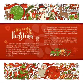 Set of two horizontal Christmas decorations. Christmas tree and balls, Santa with sack, snowman, gingerbread man, Santa socks. There is place for text on red background.