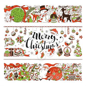 Set of two horizontal Christmas decorations. Christmas tree and balls, Santa with sack, snowman, gingerbread man, birds.