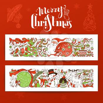 Christmas decorations, Christmas tree and Christmas balls, Santa with sack, gifts, snowman, gingerbread man, deer, Santa socks, hand-written lettering.