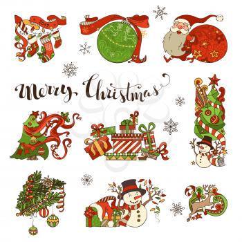 Christmas tree and baubles, Santa with sack, snowman, Santa socks, gifts, snowflakes, swirls and ribbons isolated on white background.