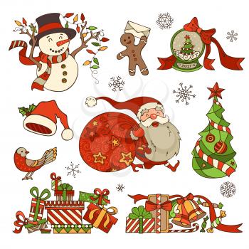 Christmas tree and baubles, Santa with sack, snowman, garland, gingerbread man, Santa hat, gifts, snowflakes.