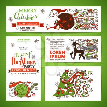 Vector design elements. Set of various banners. Christmas tree and baubles, Santa with sack, deer, music notes, gifts, Christmas hand-written lettering.