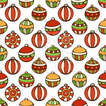 Bright set of Christmas tree baubles on white background. Doodles hand-drawn boundless background.